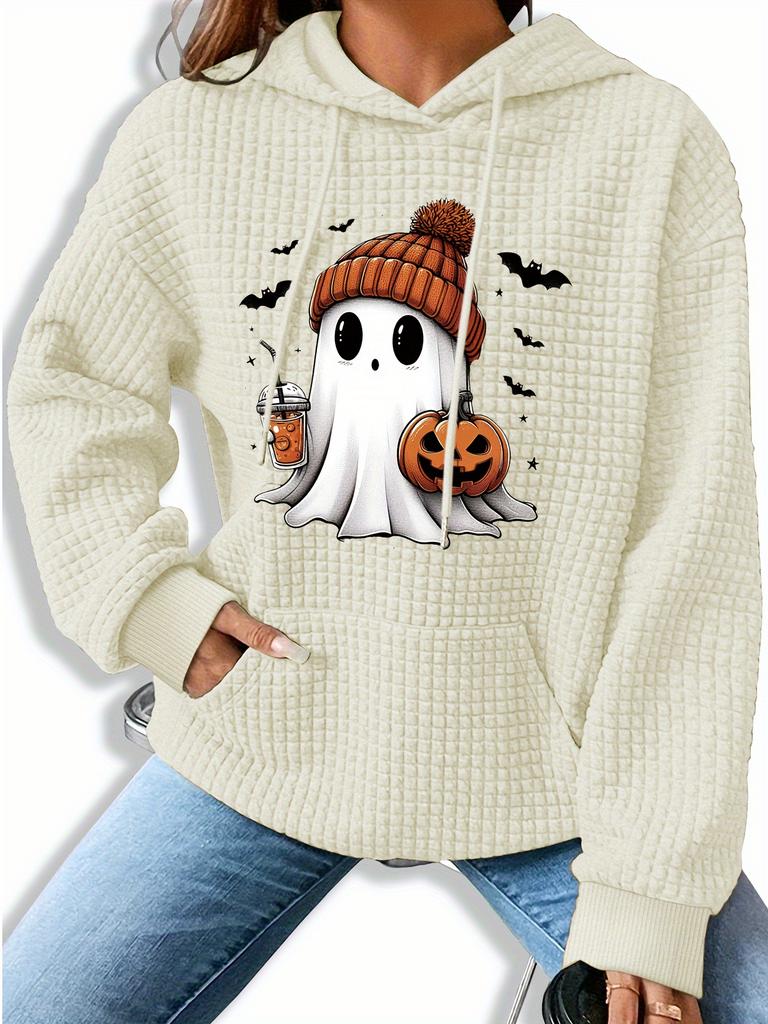 Women'S Halloween Ghost & Pumpkin Print Hoodie,Casual Knit Polyester Sweatshirt with Kangaroo Pocket,Long Sleeve Drawstring Hooded Top for Fall/Winter