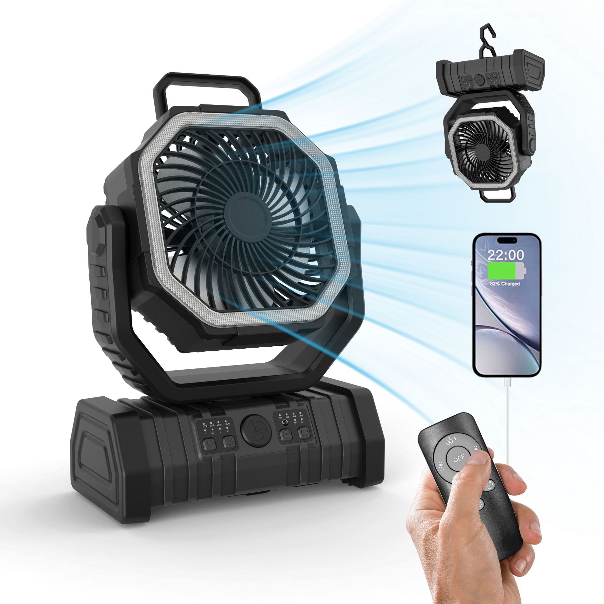 

20000mAh Battery Operated Fan, Portable Rechargeable Desk/Camping Fan with LED Light and Hook, Outdoor Fan for Tent Car Trip чорний