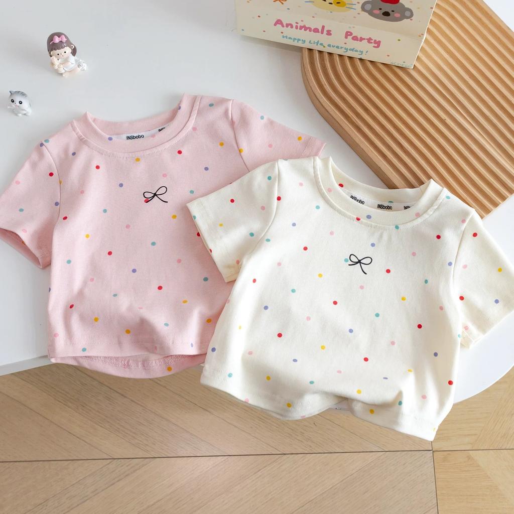 Girls' Cotton Short-sleeved T-shirt For Summer, Simple Children's Polka Dot Top