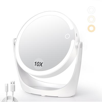 MILEDUO Actress LED Makeup Mirror with 1x and 10x Tabletop Three Color Adjustable USB 2000mAh High White Mirror, Double-Sided Light, Magnification,