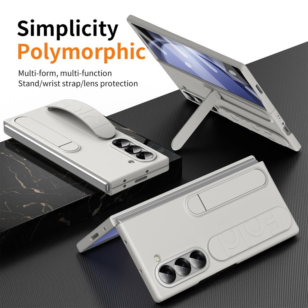 For Samsung Galaxy Z Fold5 5G Case Kickstand Wristband PC Phone Cover with Tempered Glass Film