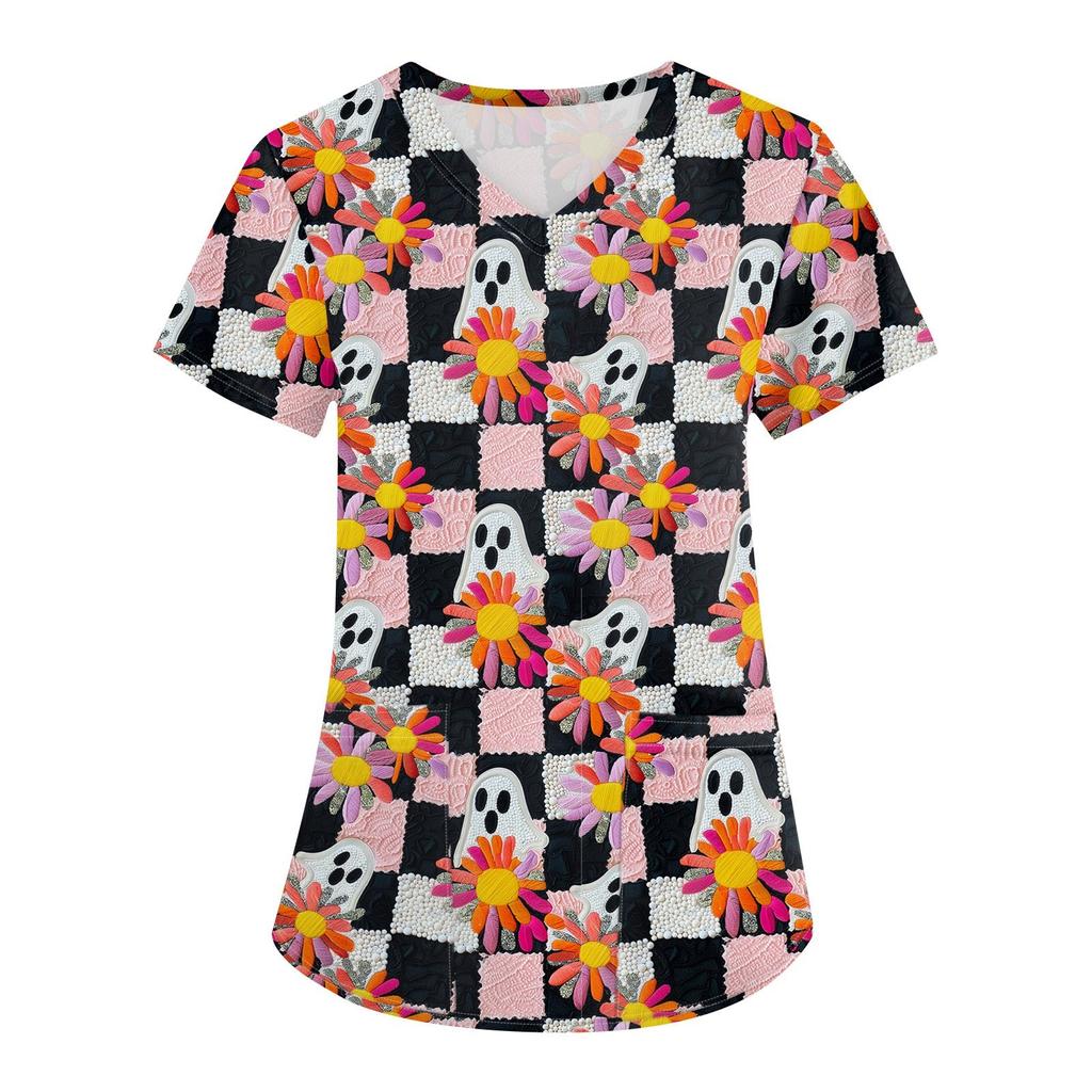 Damen Halloween Print Uniform Arbeitsuniform V-Ausschnitt Tasche Schutz Arbeitsuniform