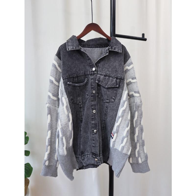 Denim splicing sweater jacket autumn and winter new design sense loose lapel contrasting color knitted cardigan women