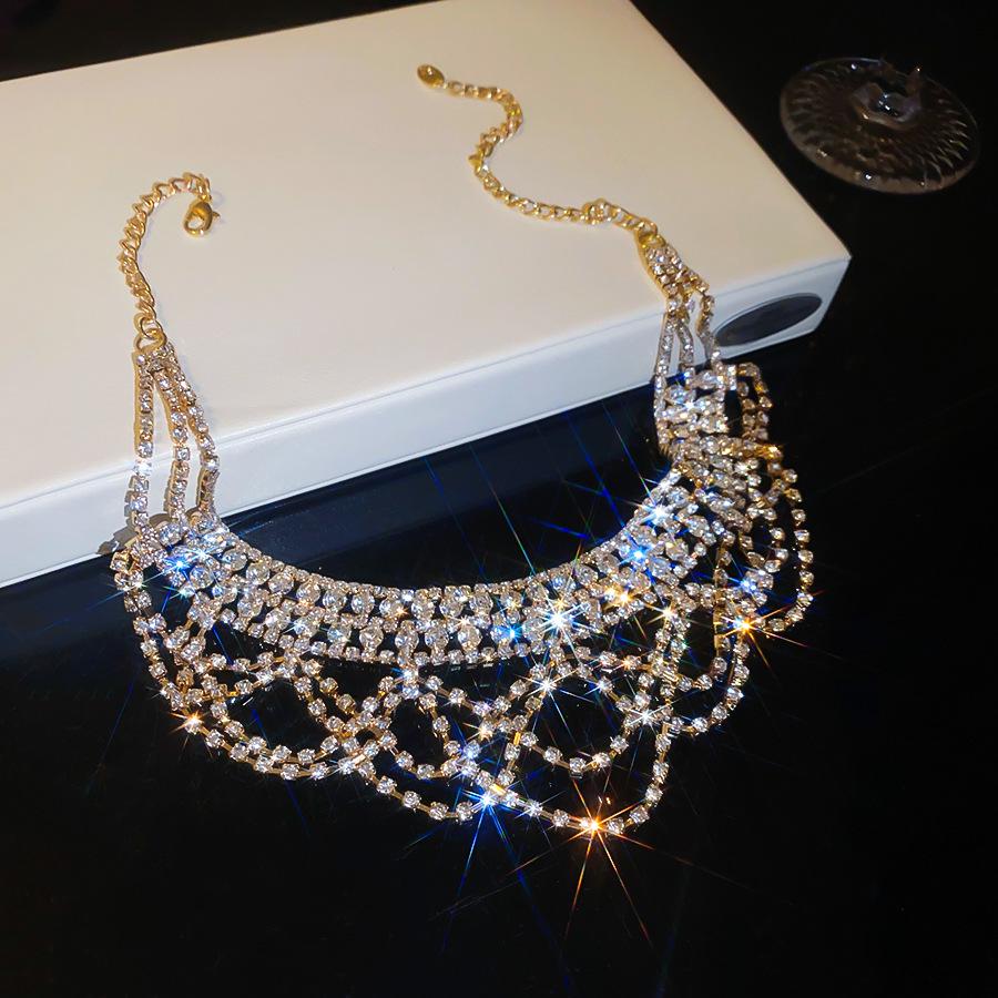 Elegant Rhinestone Lace Tassel Necklace - Multi-Layer Clavicle Accessory for Women