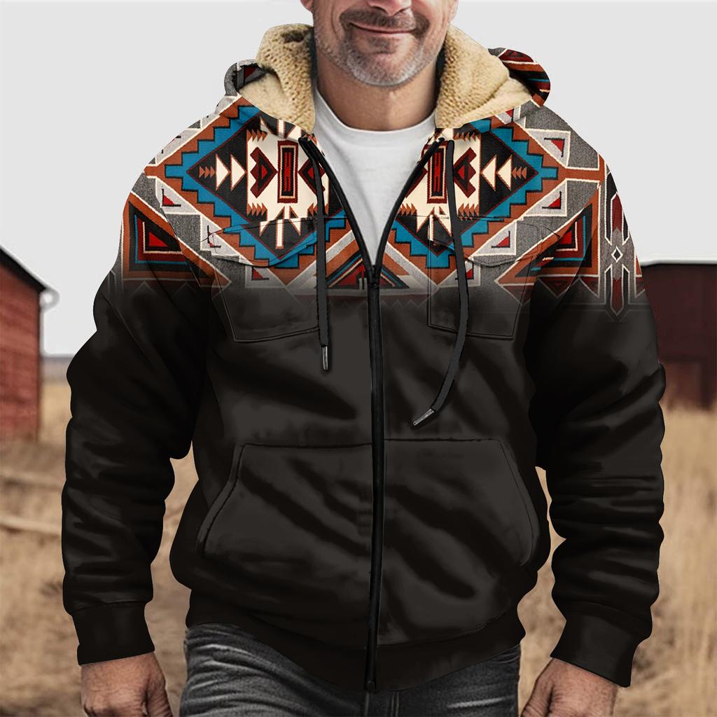 Men'S Winter Zipper Hooded Fleece Sweatshirt With Patch Pocket Casual Jacket