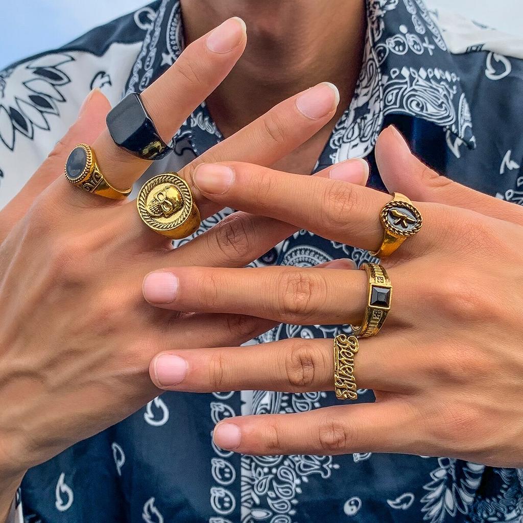 6Pcs/Set Goth Vintage Skeleton Skull Antique Silver Color Rings Set Unisex Punk Carved Knuckle Jewelry Accessories Steampunk Men