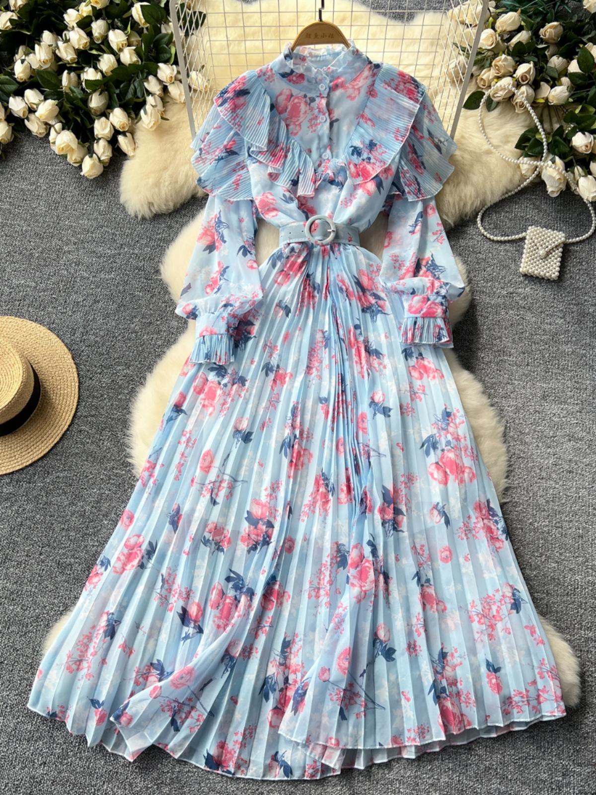 

Французская высокая мода шифоновое платье с цветочным принтом Весенние новинки с оборками по краям Тонкая талия Элегантные плиссированные длинные платья One Size синий