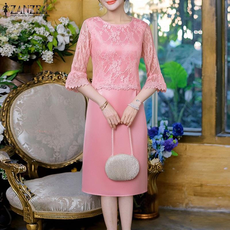 

ZANZEA Women Casual Round Neck 3/4 Sleeve Elegant Patchwork Lace Dress S абрикосовий