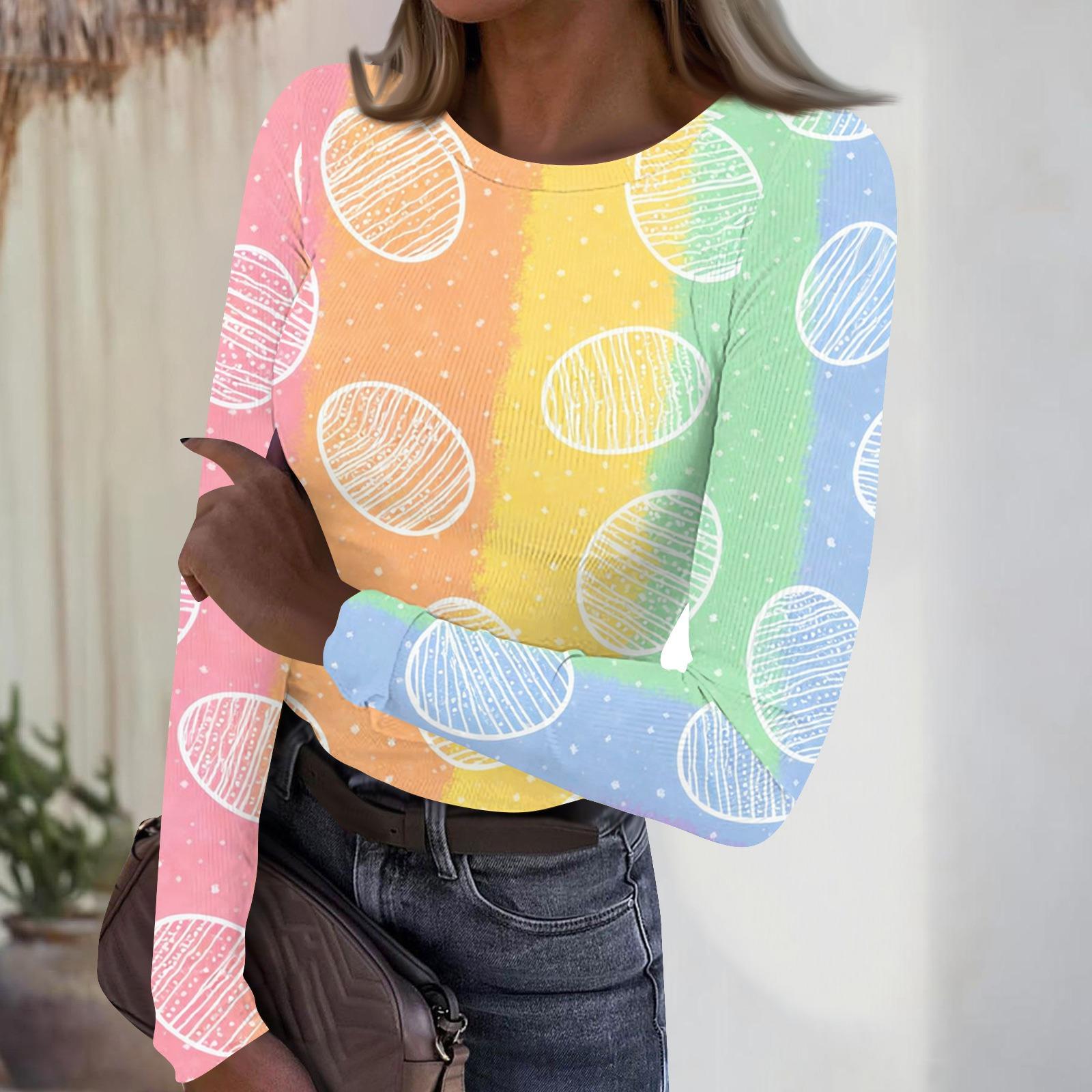 

Women s Casual Fashion Round Neck Easter Print Long Sleeve Strip Top XL жовтий