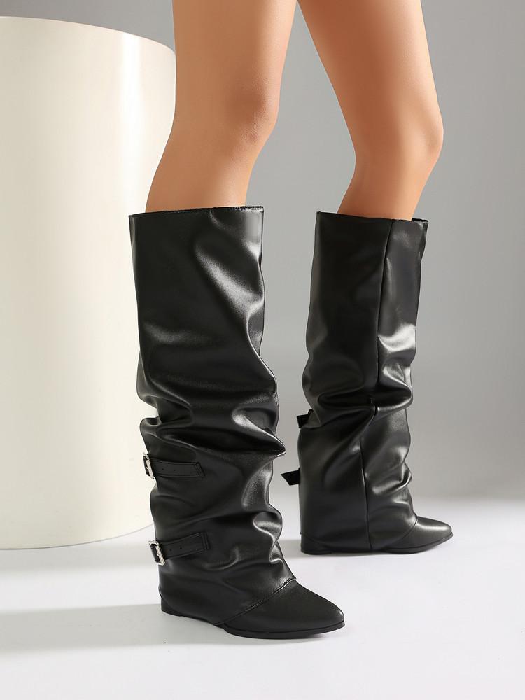 Pleated retro western boots women's year new fashion casual thick heel medium boots women's knee knight boots