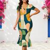 Women Plus Size V Neck Short Sleeve Green Khaki Geometric Printed Fitted Fishtail Dress
