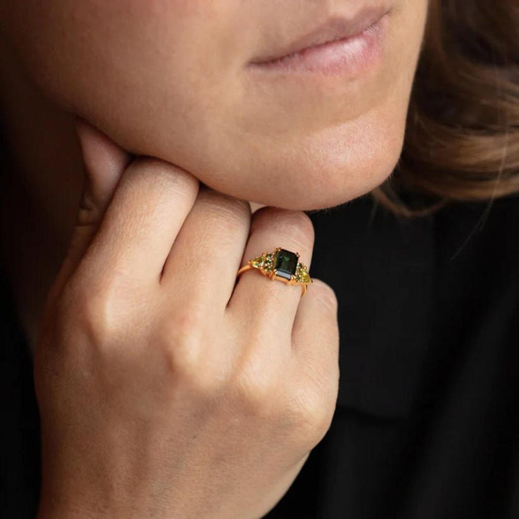 Emerald Cut Emerald Ring: Trilliant Peridot Accent, 925 Sterling Silver Wedding Jewelry: Art Deco Bridal Gift For Women