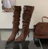 Sexy Pointed Suede Pleated Piled Boots Women's High Heel Fashion Belt Buckle Tall Thin Boots Thin Heel European and American Boots