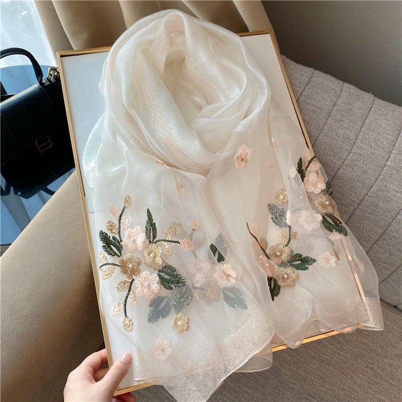 Silk Wool Embroidered Silk Scarf Women'S Spring And Autumn Thin Outer Shawl Dual-Purpose Winter Gift High-End Mulberry Silk Scarf