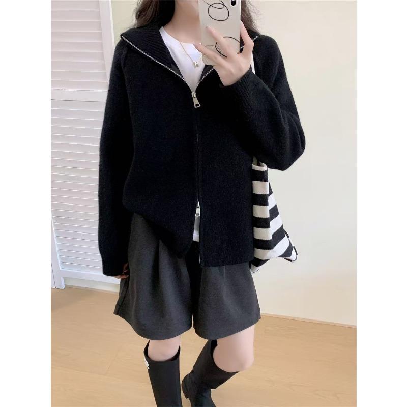 Autumn and Winter New Casual Simple Zipper Stand-up Neck Knitted Cardigan Women's Clothing Loose and Thin Versatile Sweater Jacket