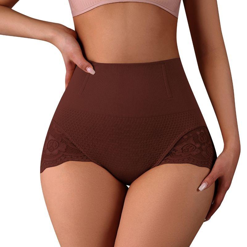 Women's High-Waisted Lace Trim Body Shaping Tummy Control Butt Lifting Triangle Panties with Boning Anti-Roll Edge