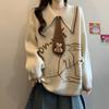 College Style Polo Neck Rabbit Embroidery Sweater Women Loose Fit Knitwear Autumn