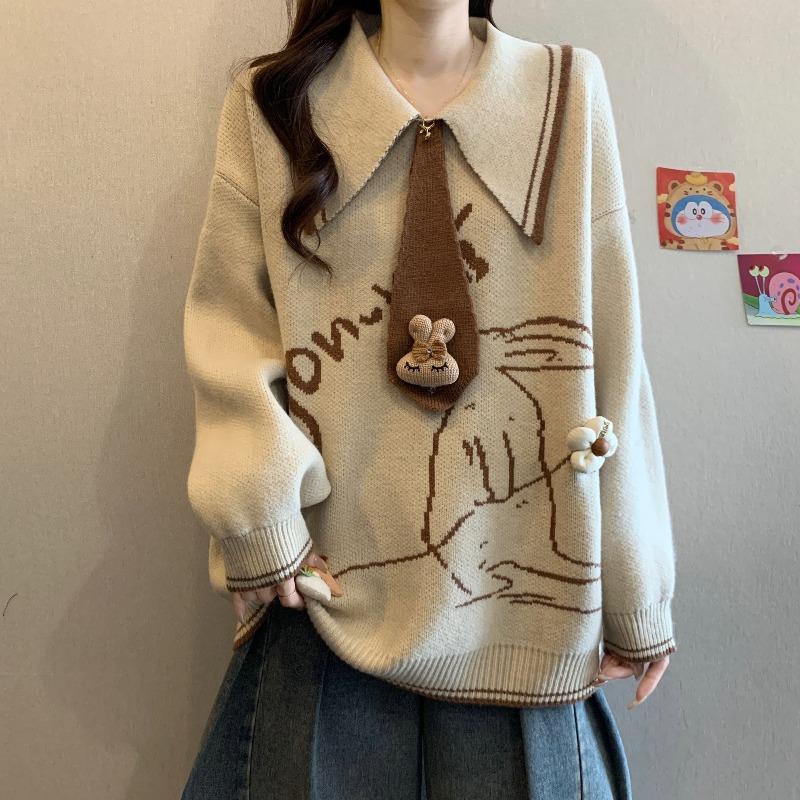 College Style Polo Neck Rabbit Embroidery Sweater Women Loose Fit Knitwear Autumn