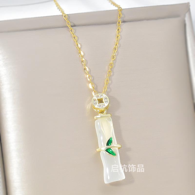 Bamboo Necklace Women'S Guochao Retro Light Luxury Premium Natural Hetian Jade Pendant Accessories