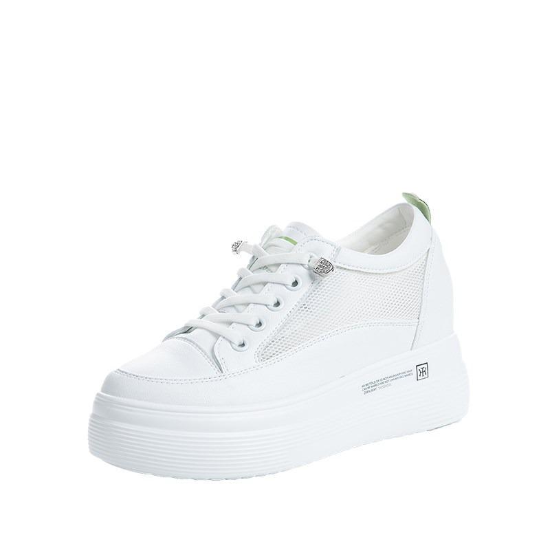 

Летние новые дышащие туфли на танкетке с толстой подошвой и внутренней платформой, с низким верхом, из кожи и эластичной сетки, универсальная женская обувь 39 белый