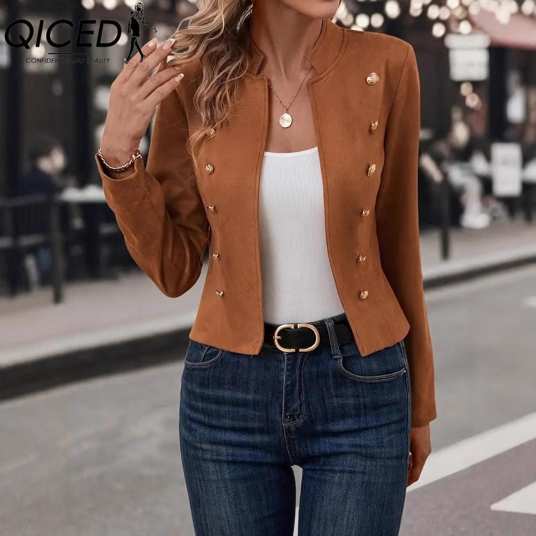 

QICED Женские винтажные повседневные куртки и пальто с клетчатым принтом, с длинным рукавом, на осень-зиму L коричневый