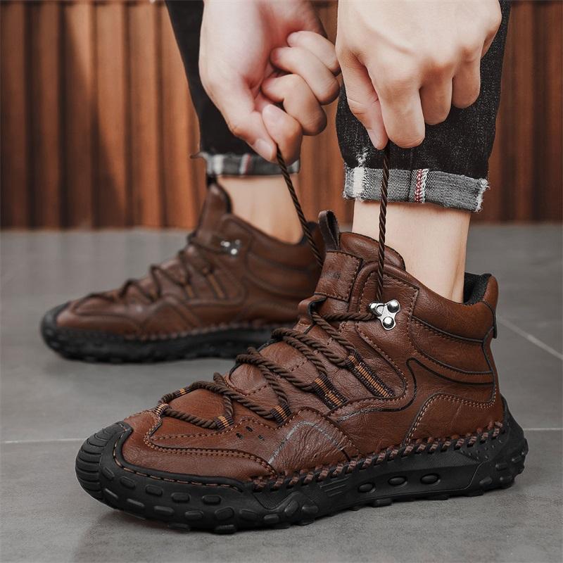 38-48Men Shoes Hand-stitching Leather Men Boots Split Leather Casual Leather Shoes Men Ankle Boots