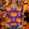 Womens Halloween Print V Neck Top Three Quarter Sleeve Casual Shirt Lightweight Soft Fabric Comfortable Fit Seasonal Style