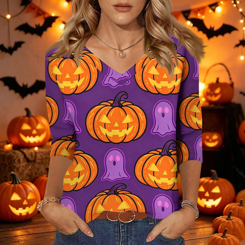 Womens Halloween Print V Neck Top Three Quarter Sleeve Casual Shirt Lightweight Soft Fabric Comfortable Fit Seasonal Style
