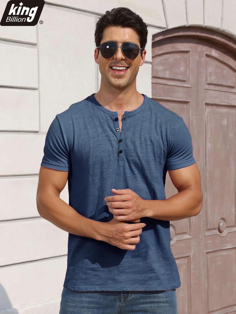 Men's Cotton T-shirt Fashion Button Design Breathable Solid Color Short-sleeved Henley Neck Tops Slim Fit Cozy Male Casual Tees