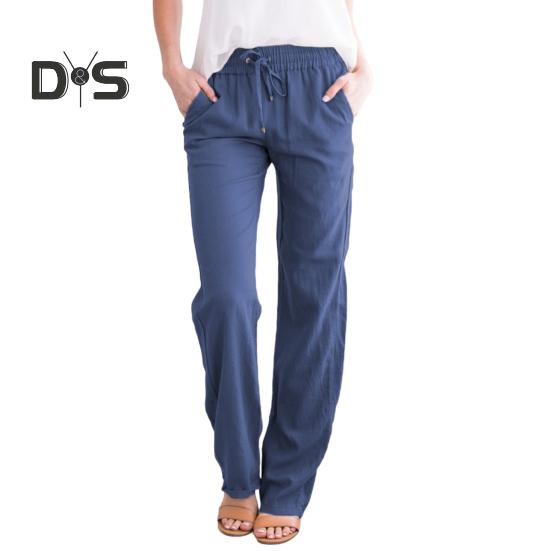 Damen Freizeithose, elastischer Kordelzug in der Taille, lange Hose mit Taschen, einfarbig, lockere Passform, Hose mit weitem Bein