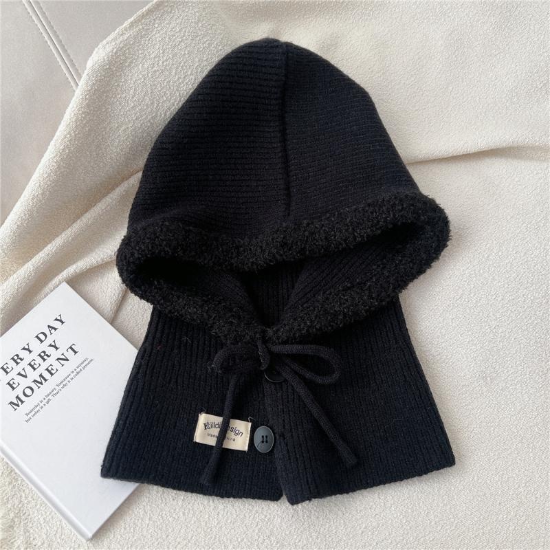 Women'S Drawstring Faux Collar Balaclava Hat,Outdoor Warm Knitted Face Neck Protective Hood Cape,For Winter Cold Protection