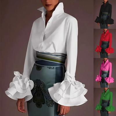 Damenbluse, Frühlingsmode, Rüschenärmel, Weiß, Lässig, Locker, Elegant, Vintage, Slim Fit, Unifarben, Bürobluse, Oberteile