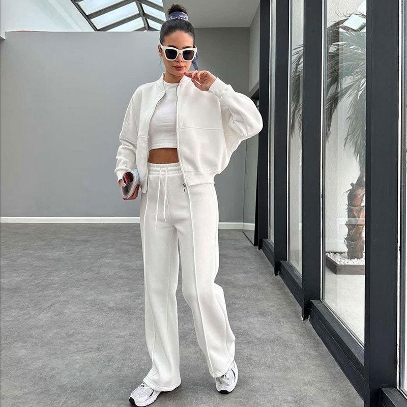 Autumn/Winter Women's Fleece-Lined Zipper Cardigan & Solid Color Straight-Leg Pants Set