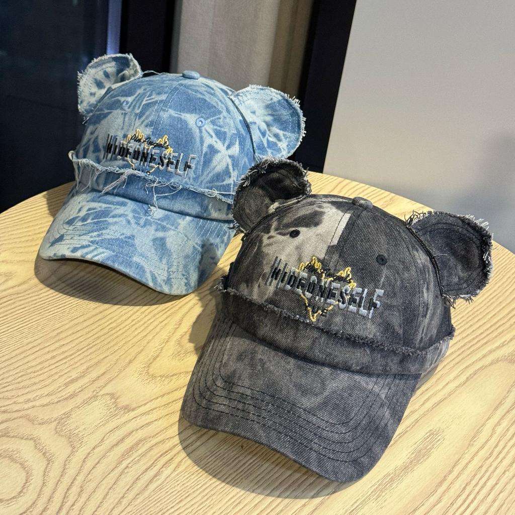 New Cute Bear Ear Baseball Cap for Men and Women with Letter Embroidery, Washed High-quality Denim Sunshade Cap