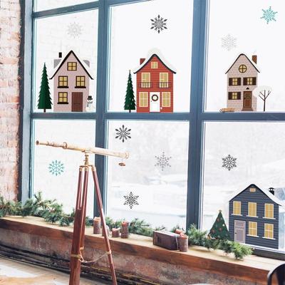 Christmas Houses Window Stickers Removable Self-adhesive Double Sided Snowflakes Xmas Tree Wall Glass Decals For Home Decoration