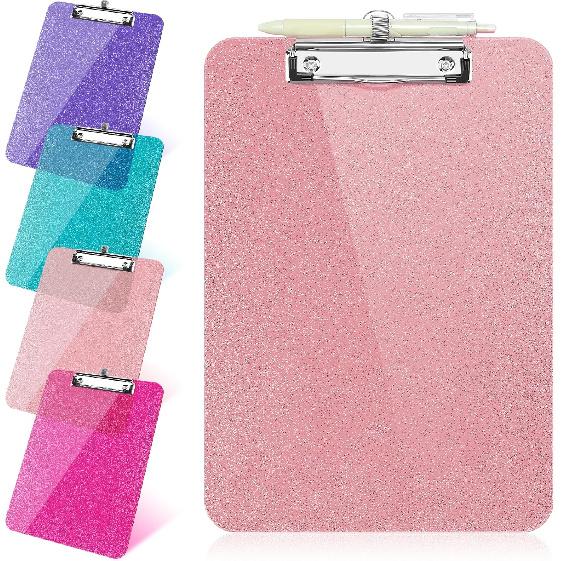 1 Pcs Clear Glitter Clipboards, Plastic Clipboard with Pen Holder, Size 8.85 x 12.4 in Shiny Clipboards with Low Profile Clip, Cute Hanging Clipboard