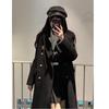 Women's Japanese Style Black Double-Breasted Woolen Coat - Mid-Length, Autumn/Winter 2025 Collection.