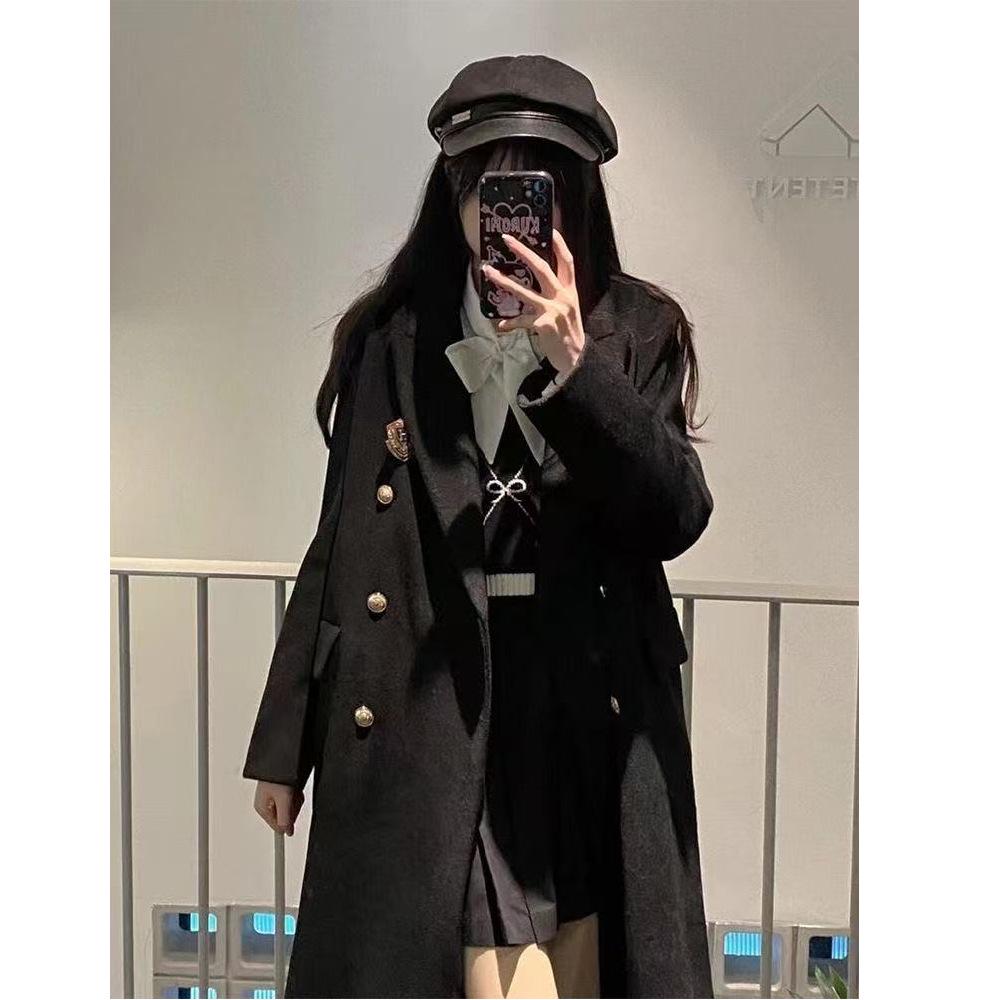 Women's Japanese Style Black Double-Breasted Woolen Coat - Mid-Length, Autumn/Winter 2025 Collection.