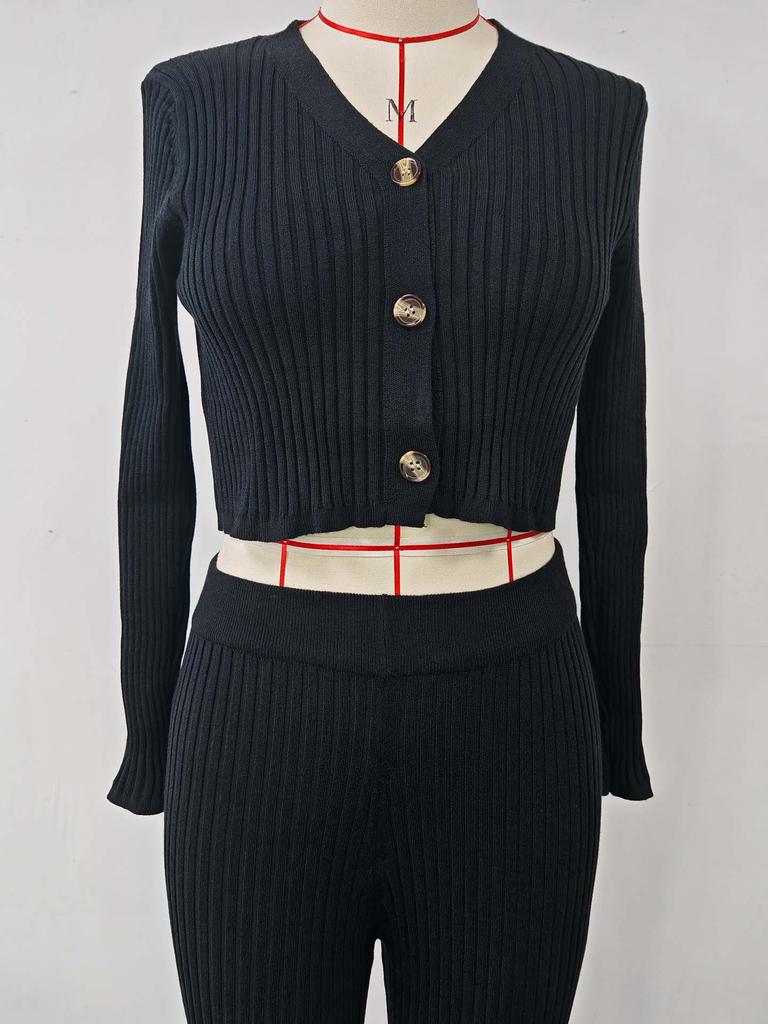 Solid Color Two-Piece V-Neck Short Knitted Cardigan Flared Pants