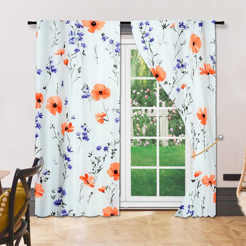 Set aus 2 eleganten Frühlingsgarten-Vorhängen Romantisches Wildblumen-Druckmuster Rote Blaue Lila Blumen Landhausstil Für Alle Jahreszeiten Hergestellt aus Polyester