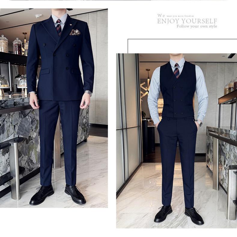 Herren Langarm Schleifenhals Zweireiher Anzug, High-End Business Casual einfarbiger Anzug