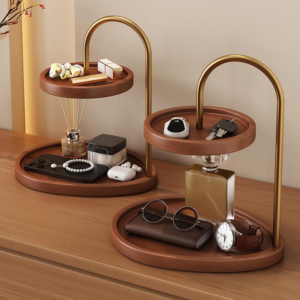 Wooden Tray Round 2-Tier Vintage Display Holder Jewelry Storage Organizer Decorative Tray for Entryway Bedroom Living Room