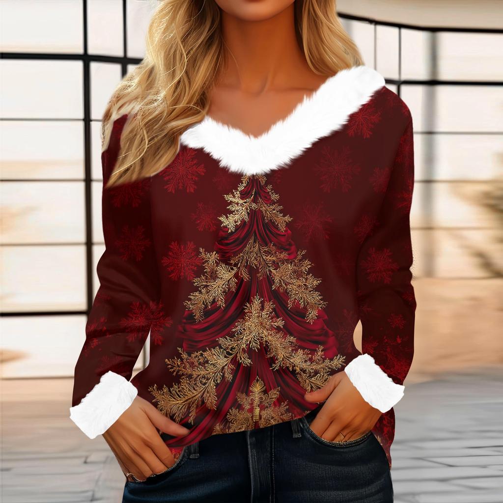 Women's Casual Long Sleeve Christmas Print Plush Collar Top for Winter Holiday Festive