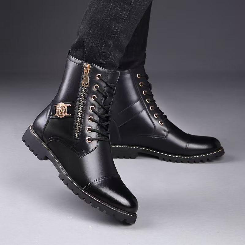 Stivali Martin da Uomo 2025 in Pelle Nera a Mezza Gamba, Vera Pelle, Resistenti all'Usura, con Zip