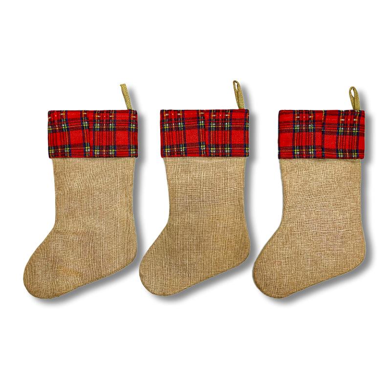 Christmas stockings old man snowman elk brown linen plaid Christmas gift stockings decorative candy bag