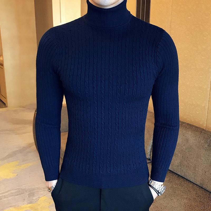 Men's Autumn and Winter Casual Solid Color High Neck Long Sleeve Knit Slim Jersey