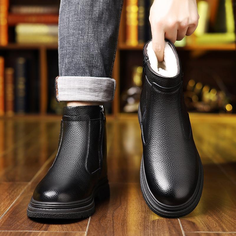 New Winter Ankle Boots Men's Genuine Leather Mid Top Vintage Plush Warm Soft Leather High Top British Side Zipper Chelsea Boots