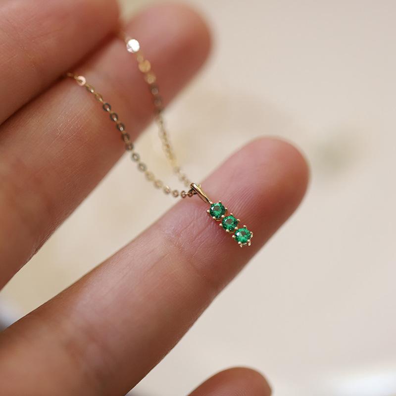 

925 Sterling Silver 14k Gold Plated Necklace for Women Retro Green Three Zircon Mini Clavicle Chain Exquisite Party Jewelry Gift Gold