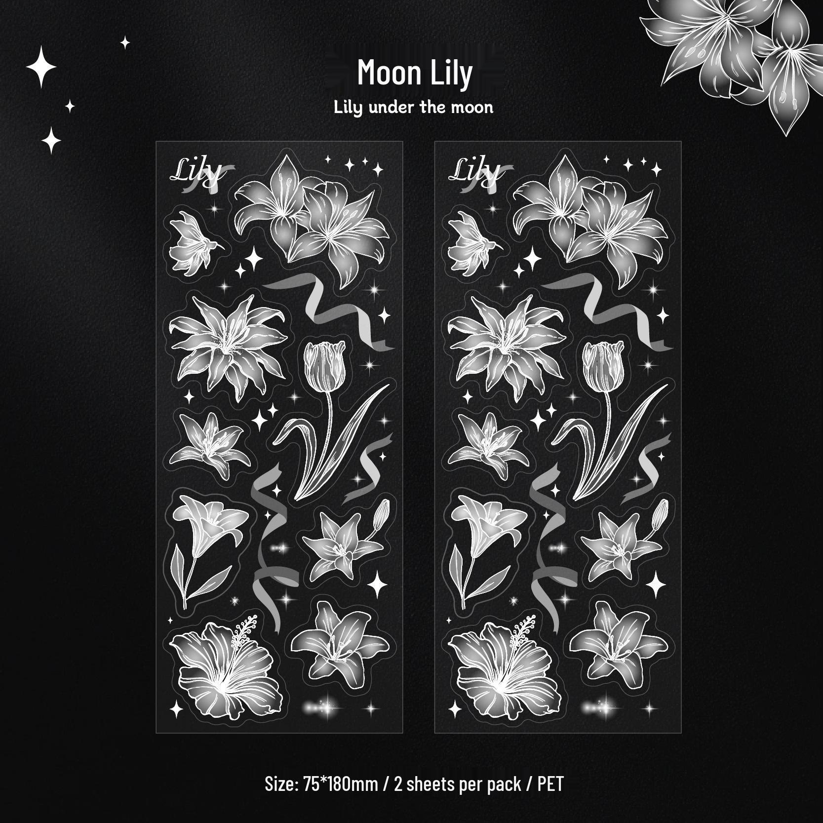 Retro Story Moonlit Flowers Cold Foil Die-cut Stickers - Series 2 PET, 6 Styles, 2 Sheets per Pack