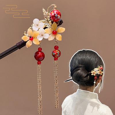Leuchtende Pavillon Haarstäbe im chinesischen Stil für Frauen Kinder Retro Metall Holz Blume Quaste Haarnadeln Clips Haaraccessoires